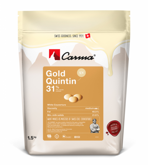 Белый шоколадный кувертюр со вкусом карамели Gold Quintin 31%, 1,5 кг, Швейцария